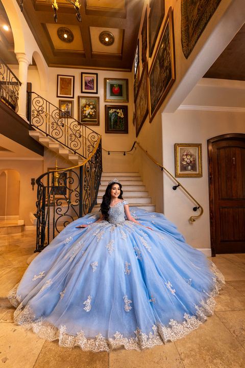 Quincea&ntilde;era photoshoot &mdash; blue ball gown double staircase at Villa Toscana Miami, Miami Visions Photography