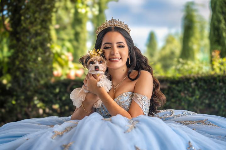 Quincea&ntilde;era photoshoot &mdash; blue gown puppy tiara at Villa Toscana Miami, Miami Visions Photography