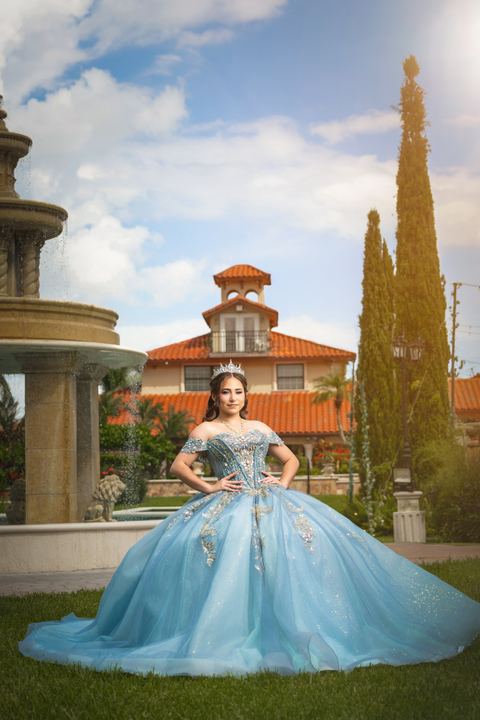 Quincea&ntilde;era photoshoot &mdash; blue gown tuscan villa fountain at Villa Toscana Miami, Miami Visions Photography