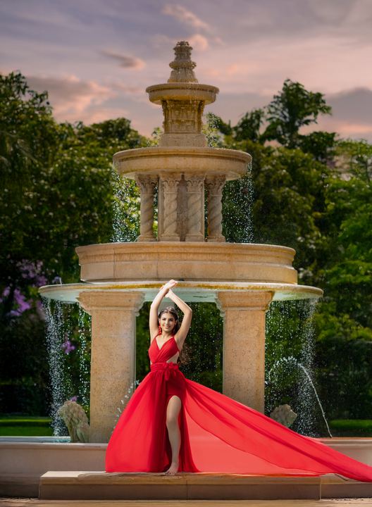 Quincea&ntilde;era photoshoot &mdash; red flying dress tiered fountain at Villa Toscana Miami, Miami Visions Photography