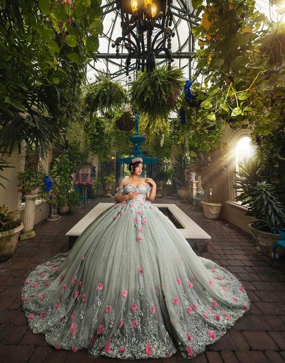 Quincea&ntilde;era photoshoot &mdash; sage gown greenhouse patio at Villa Toscana Miami, Miami Visions Photography