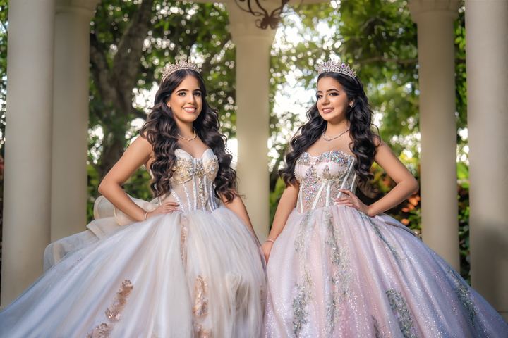 Quincea&ntilde;era photoshoot &mdash; twin quinceaneras white gowns at Villa Toscana Miami, Miami Visions Photography