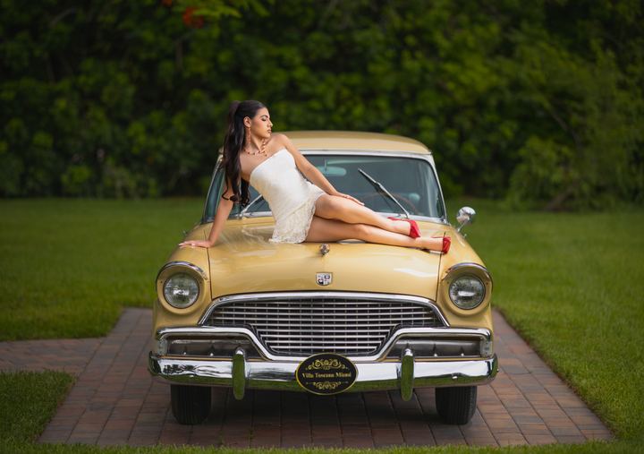 Quincea&ntilde;era photoshoot &mdash; white dress vintage yellow car at Villa Toscana Miami, Miami Visions Photography