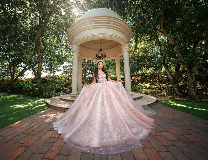 Quincea&ntilde;era photoshoot &mdash; blush gown white gazebo at Villa Toscana Miami, Miami Visions Photography
