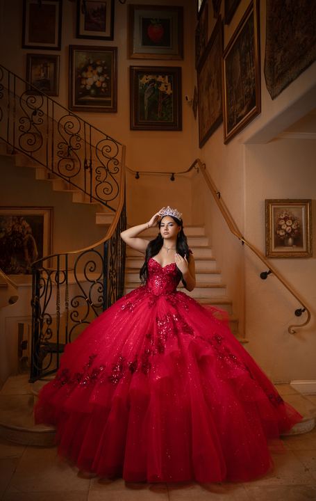 Quincea&ntilde;era photoshoot &mdash; red gown spiral staircase at Villa Toscana Miami, Miami Visions Photography