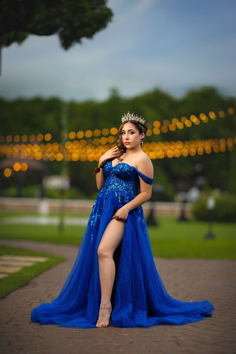 Quincea&ntilde;era photoshoot &mdash; royal blue slit gown string lights at Villa Toscana Miami, Miami Visions Photography