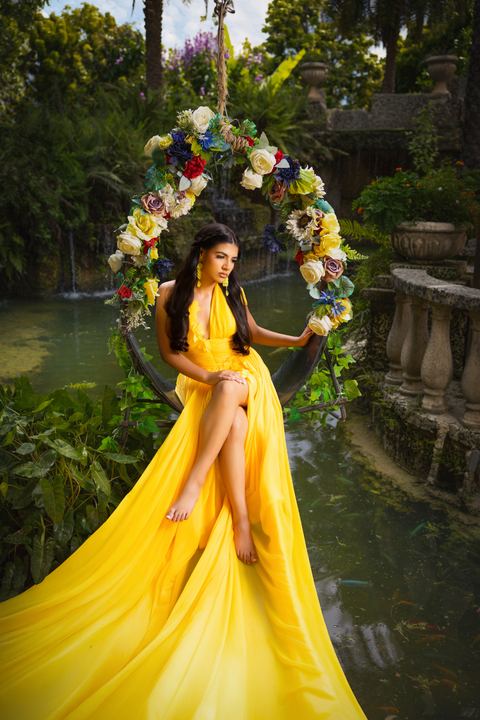 Quincea&ntilde;era photoshoot &mdash; yellow dress flower ring waterfall at Villa Toscana Miami, Miami Visions Photography