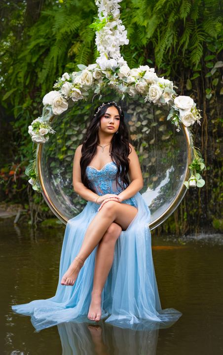 Quincea&ntilde;era photoshoot &mdash; blue dress floral ring fountain at Villa Toscana Miami, Miami Visions Photography