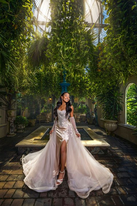Quincea&ntilde;era photoshoot &mdash; champagne slit gown courtyard fountain at Villa Toscana Miami, Miami Visions Photography