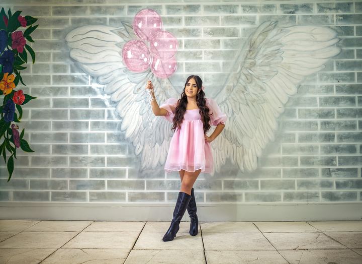 Quincea&ntilde;era photoshoot &mdash; pink dress angel wings balloons at Villa Toscana Miami, Miami Visions Photography