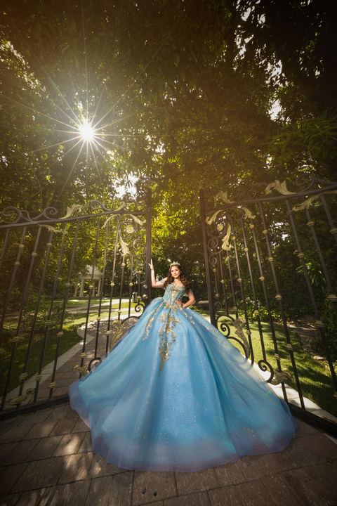 Quincea&ntilde;era photoshoot &mdash; sky blue gown iron gates at Villa Toscana Miami, Miami Visions Photography