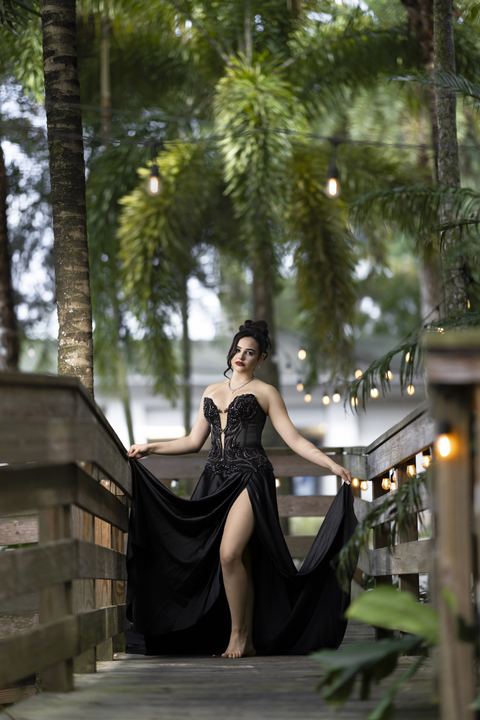 Quincea&ntilde;era photoshoot &mdash; black dress lakeside string lights at Villa Turqueza, Miami Visions Photography