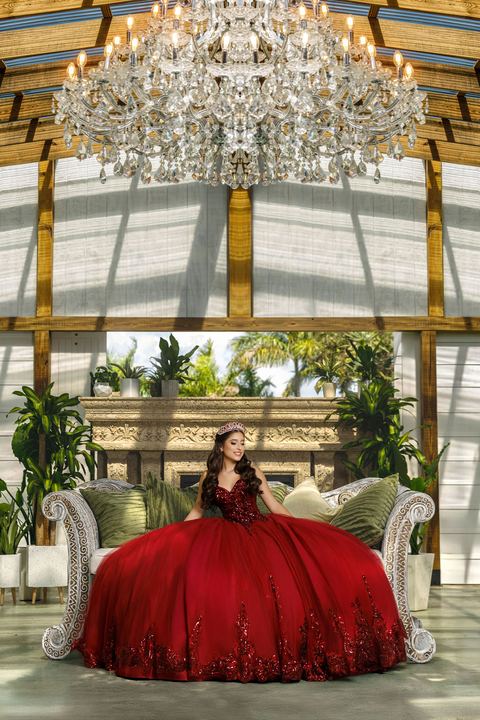 Quincea&ntilde;era photoshoot &mdash; red gown vintage sofa greenhouse at Villa Turqueza, Miami Visions Photography