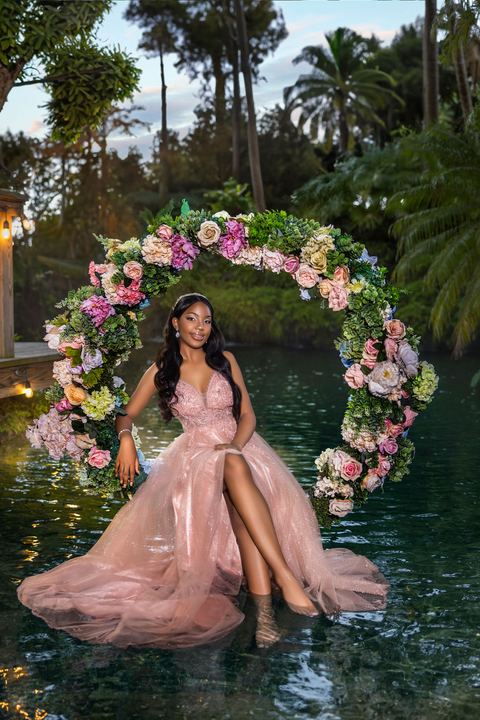 Quincea&ntilde;era photoshoot &mdash; blush gown flower arch lake at Villa Turqueza, Miami Visions Photography