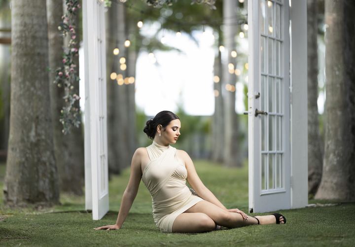 Quincea&ntilde;era photoshoot &mdash; champagne dress white doors lawn at Villa Turqueza, Miami Visions Photography