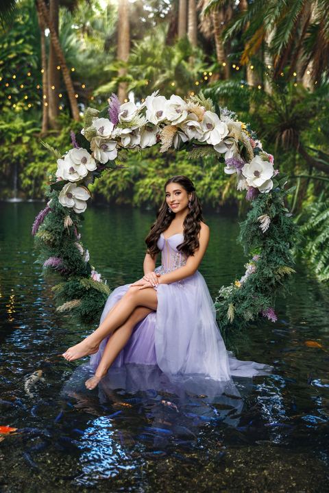 Quincea&ntilde;era photoshoot &mdash; lilac gown magnolia arch lake at Villa Turqueza, Miami Visions Photography