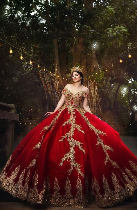 Quincea&ntilde;era photoshoot &mdash; red gold gown fairy lights forest at Villa Turqueza, Miami Visions Photography