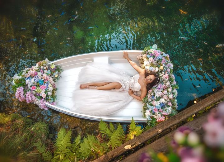 Quincea&ntilde;era photoshoot &mdash; white gown flower boat lagoon at Villa Turqueza, Miami Visions Photography