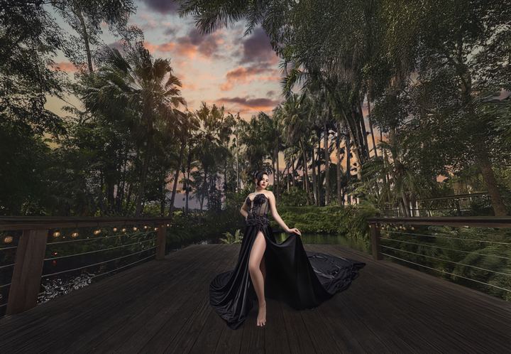 Quincea&ntilde;era photoshoot &mdash; black slit gown boardwalk sunset at Villa Turqueza, Miami Visions Photography