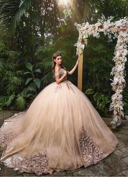 Quincea&ntilde;era photoshoot &mdash; champagne gown orchid arch at Villa Turqueza, Miami Visions Photography