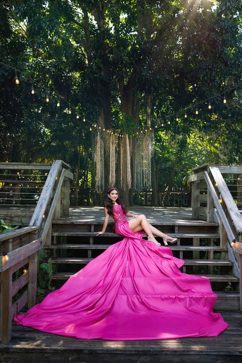 Quincea&ntilde;era photoshoot &mdash; fuchsia dress wooden bridge at Villa Turqueza, Miami Visions Photography