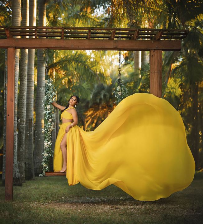 Quincea&ntilde;era photoshoot &mdash; yellow dress pergola sunset at Villa Turqueza, Miami Visions Photography