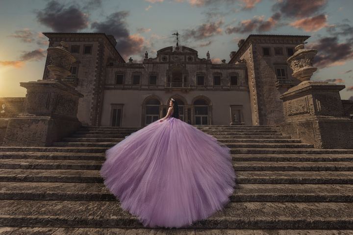 Quincea&ntilde;era photoshoot &mdash; lavender ball gown mansion steps sunset at Vizcaya Museum & Gardens, Miami Visions Photography