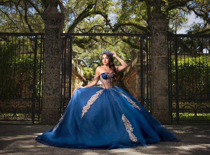 Quincea&ntilde;era photoshoot &mdash; navy gold gown iron gates at Vizcaya Museum & Gardens, Miami Visions Photography