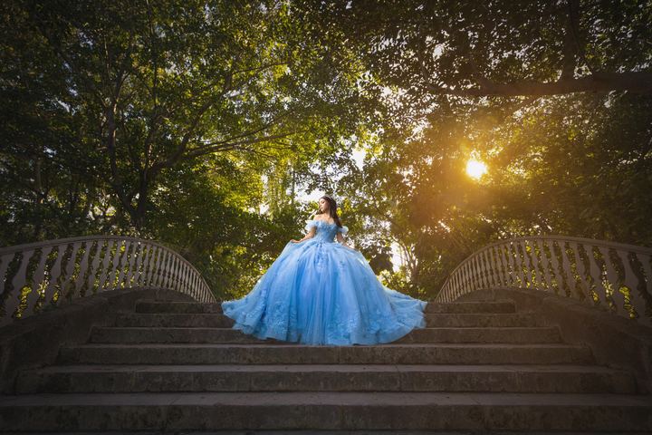 Quincea&ntilde;era photoshoot &mdash; light blue gown garden bridge sunset at Vizcaya Museum & Gardens, Miami Visions Photography