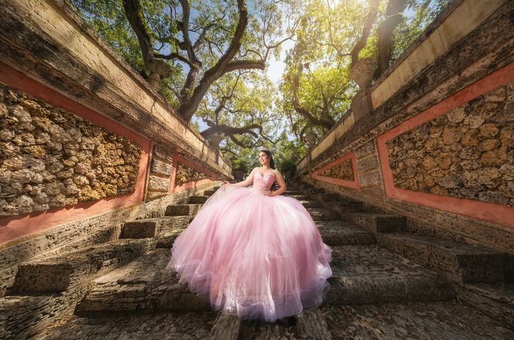 Quincea&ntilde;era photoshoot &mdash; pink tulle gown stone staircase at Vizcaya Museum & Gardens, Miami Visions Photography