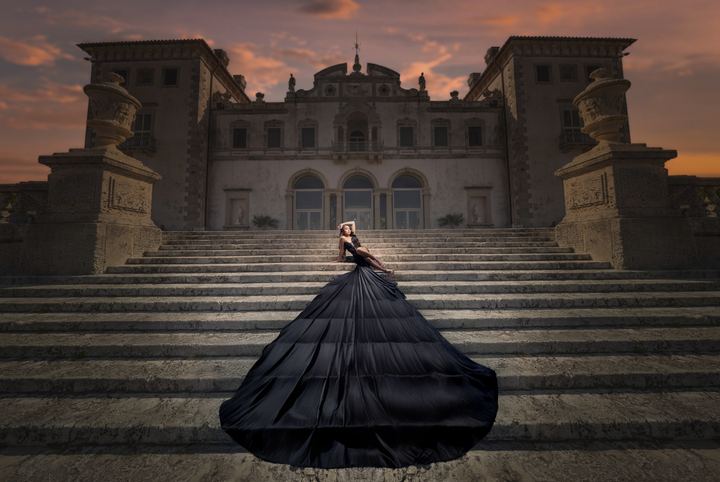Quincea&ntilde;era photoshoot &mdash; black flowing train villa steps sunset at Vizcaya Museum & Gardens, Miami Visions Photography