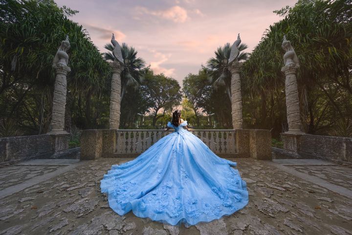 Quincea&ntilde;era photoshoot &mdash; baby blue ball gown palm courtyard at Vizcaya Museum & Gardens, Miami Visions Photography
