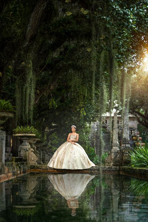 Quincea&ntilde;era photoshoot &mdash; champagne ball gown reflecting pool at Vizcaya Museum & Gardens, Miami Visions Photography