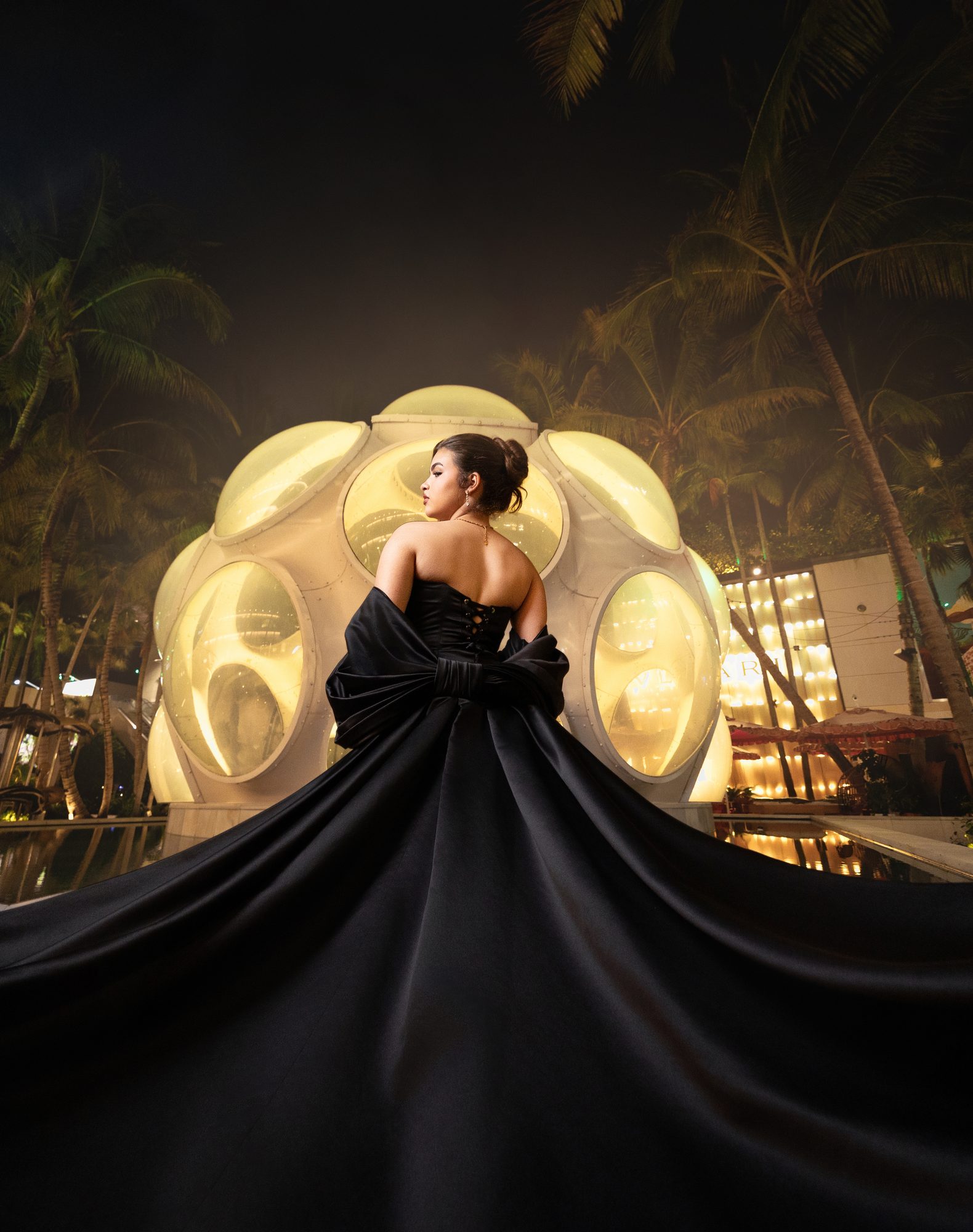 Quinceañera in a black gown at the Fly's Eye Dome, Miami Design District — Miami Visions Photography