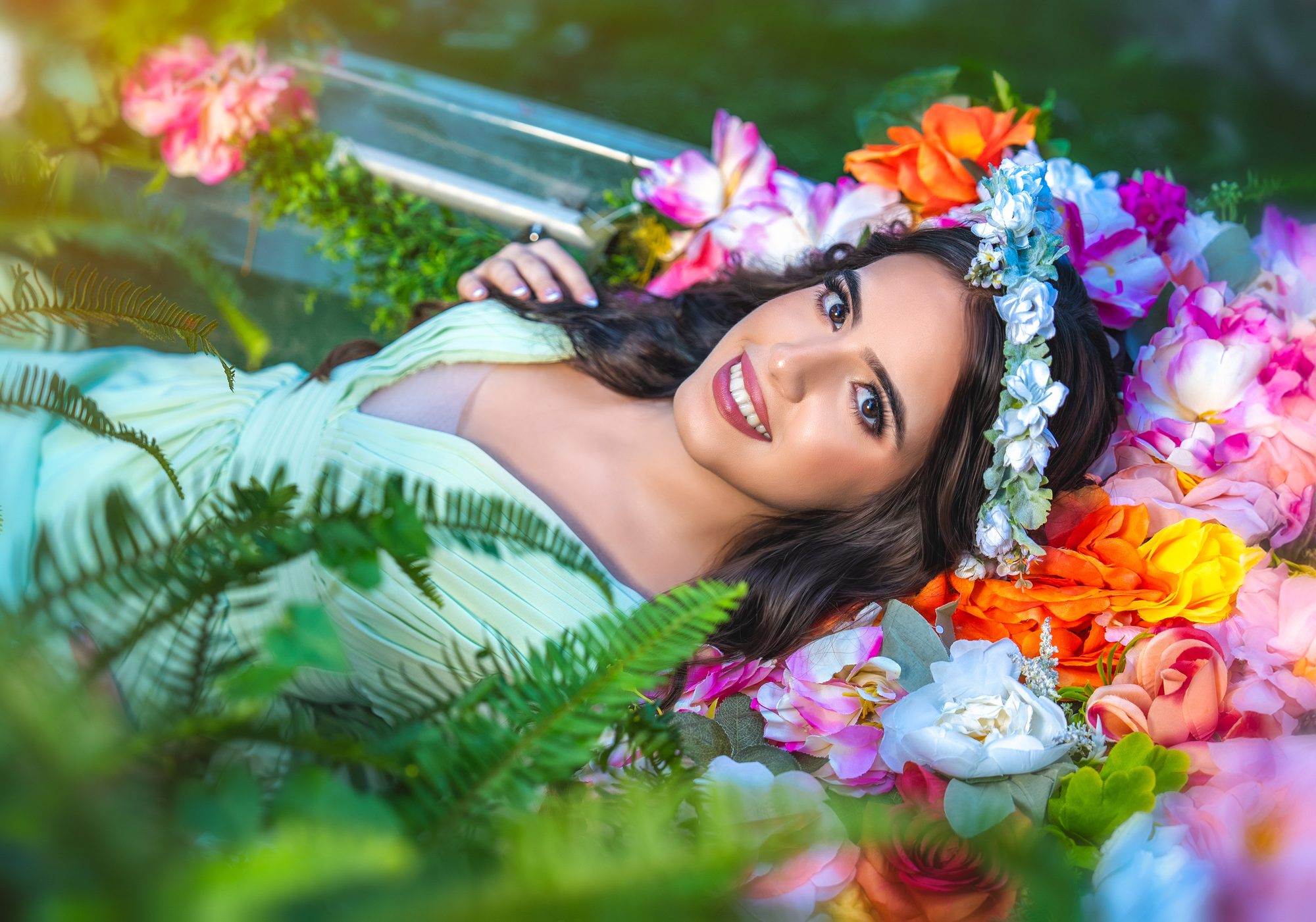 Quinceañera floral portrait among tropical ferns — Miami Visions Photography