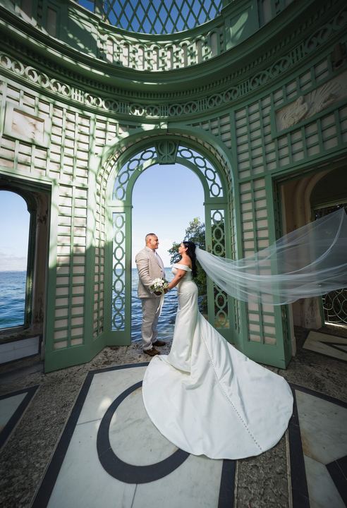 Bride and groom in Vizcaya tea house by the ocean, Miami wedding