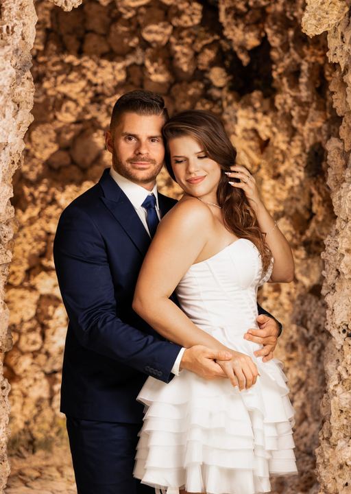 Bride and groom portrait in coral grotto, Miami Visions wedding photography