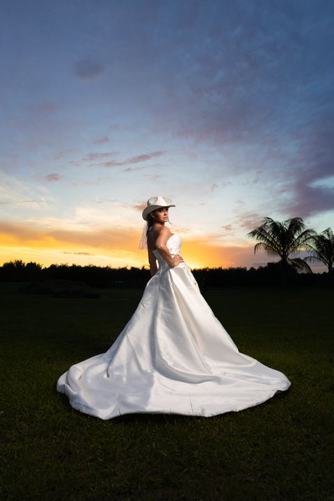 Bride gown train sunset palms &mdash; wedding photography by Miami Visions, Miami