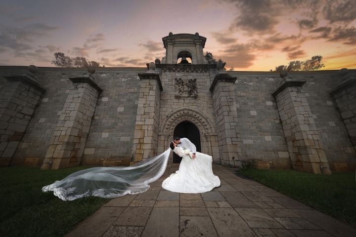 Veil monastery gatehouse sunset &mdash; wedding photography by Miami Visions, Miami