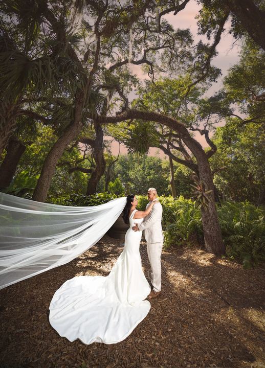Bride and groom under oak canopy, wedding photography by Miami Visions, Miami