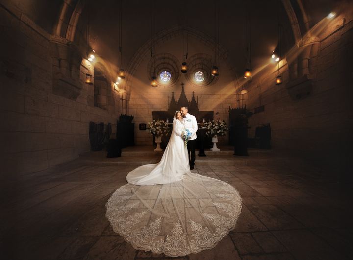 Lace train gown candlelit chapel &mdash; wedding photography by Miami Visions, Miami